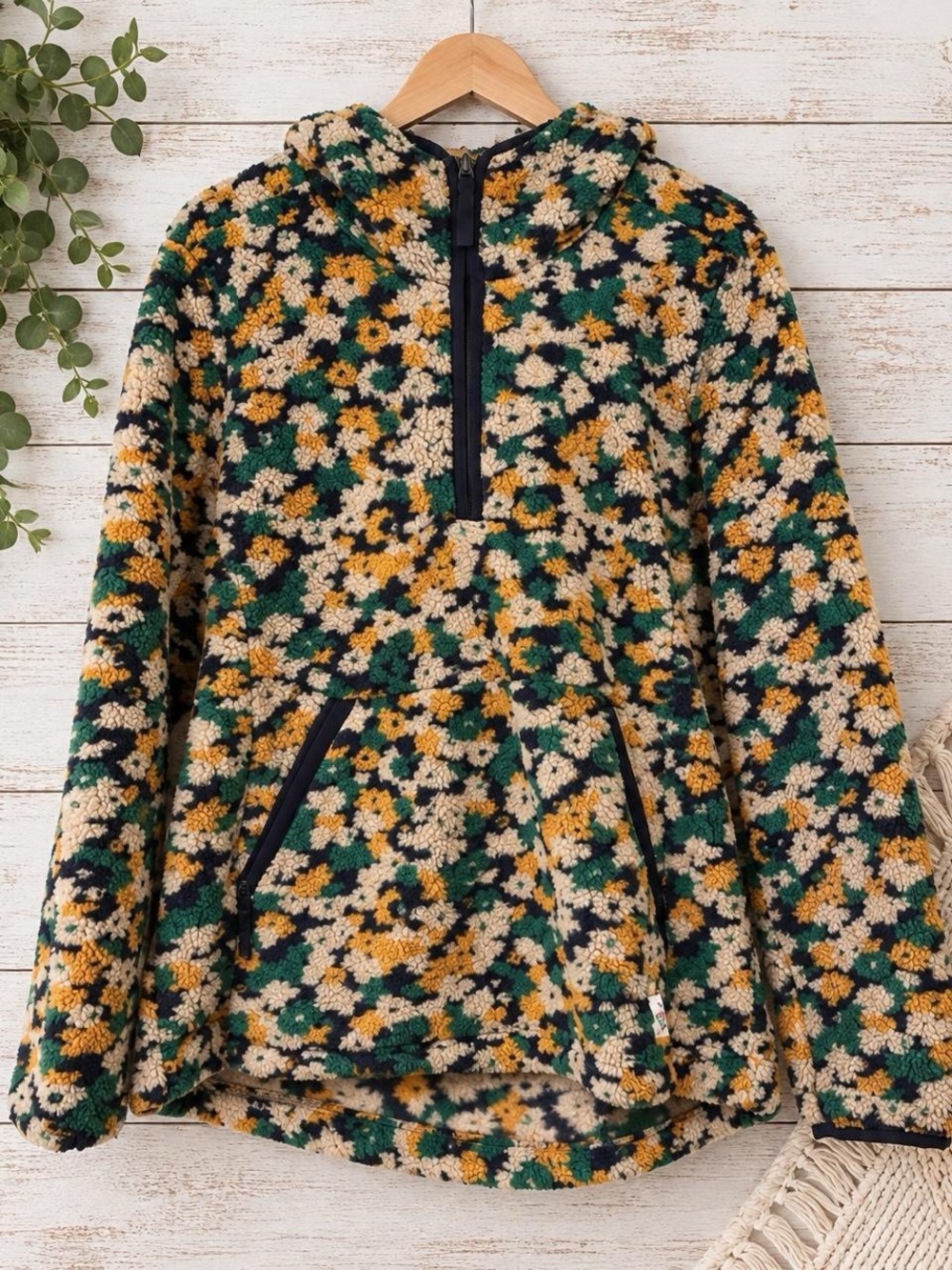 The North Face Floral Sherpa Pullover Hoodie - Green, Mustard & Cream